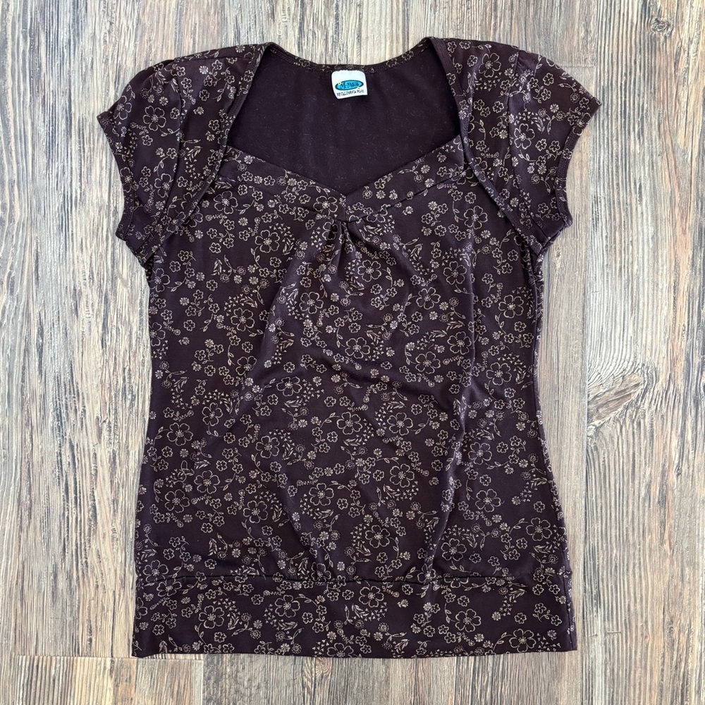 M-Fasis by California Blue S/S Brown Floral Shirt Lg Sweetheart Cap Sleeves Y2K